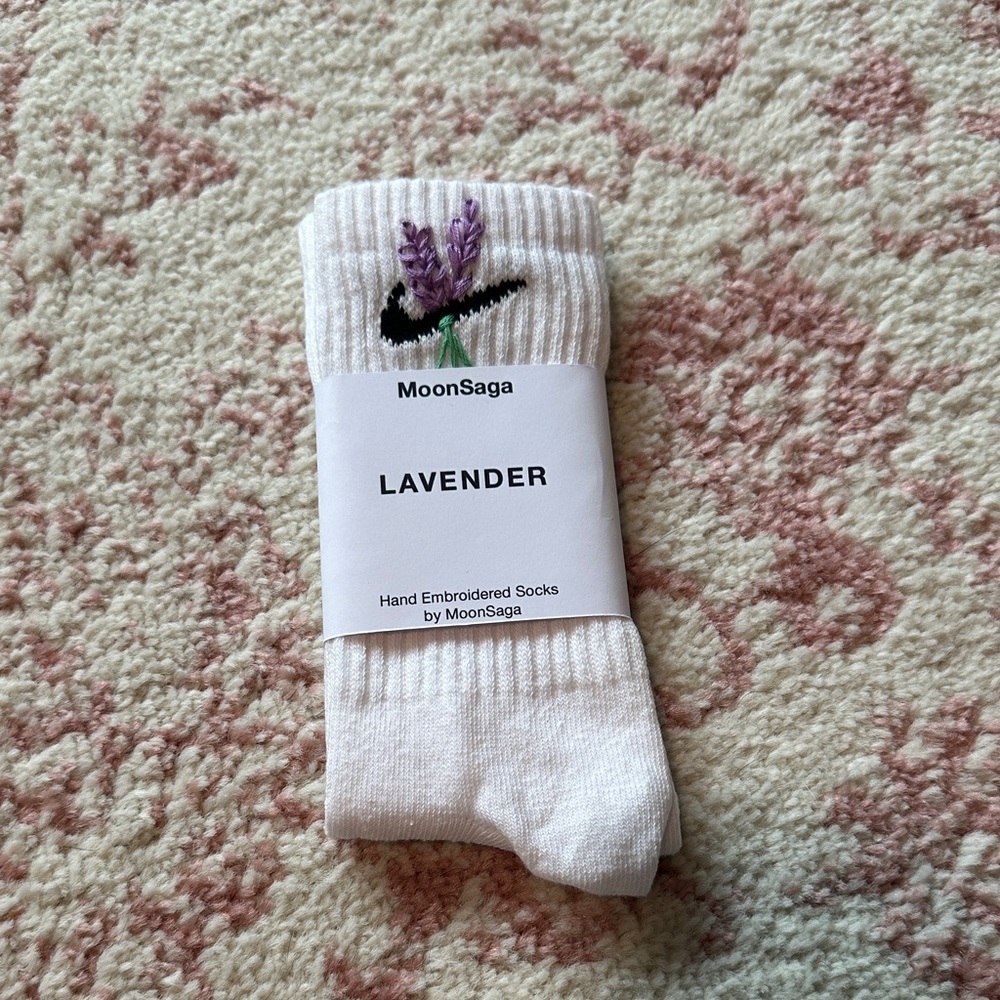 White Socks with Lavender Embroidery